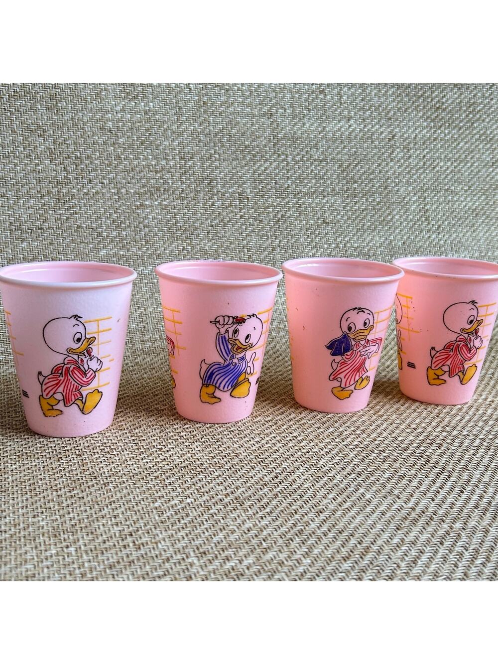 Vintage Disney Huey Dewey Louie Pink Plastic Cups Set of 4 Pajamas 1970s–80s